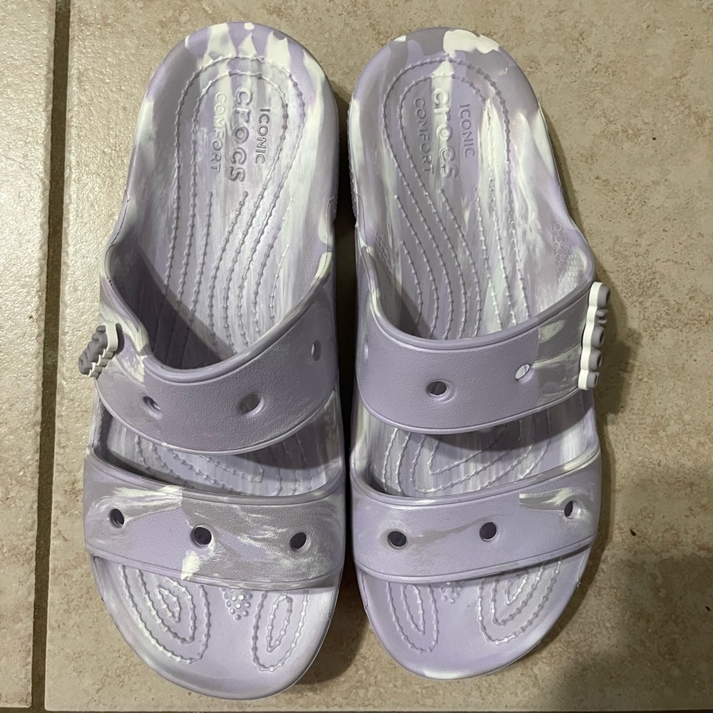 Purple marbled crocs sandals slides